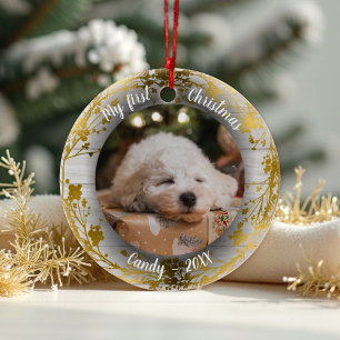 Ornamento De Cerâmica Cachorro Pet Primeiro Natal Fotos Mortes de Ouro F