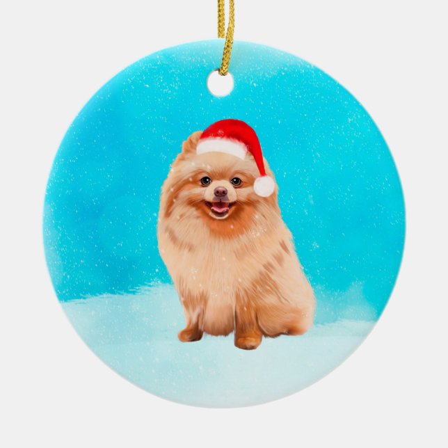 Ornamento De Cerâmica Cachorro Pomerano Sentado No Chapéu De Natal Da Ne (Frente)