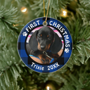 Ornamento De Cerâmica Cachorro Primeiro Natal 2-Foto, Xadrez Azul e Pret