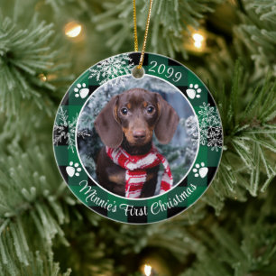 Ornamento De Cerâmica Cachorro Primeiro Natal Floco de Neve Foto Xadrez 