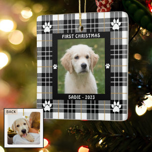 Ornamento De Cerâmica Cachorro PRIMEIRO NATAL preto Xadrez branca