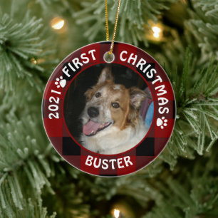 Ornamento De Cerâmica Cachorro PRIMEIRO NATAL Red Buffalo Xadrez 2 Foto
