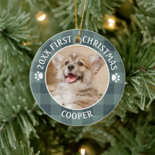 Ornamento De Cerâmica Cachorro PRIMEIRO NATAL Verde Xadrez Buffalo Verde