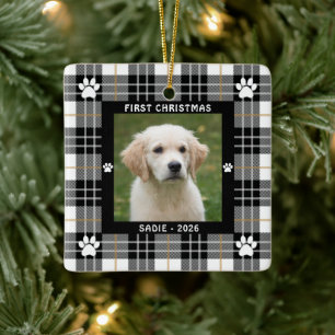 Ornamento De Cerâmica Cachorro PRIMEIRO NATAL Xadrez Preto Branco Bege