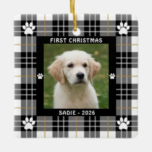 Ornamento De Cerâmica Cachorro PRIMEIRO NATAL Xadrez Preto Branco Bege