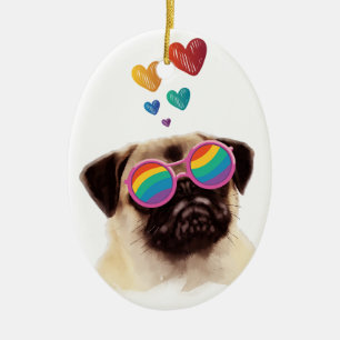 Ornamento De Cerâmica Cachorro Pug com Corações Dia dos Namorados
