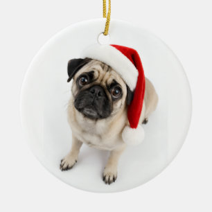 Ornamento De Cerâmica Cachorro Pug Fawn Natal Chapéu de Papai Noel Olhos