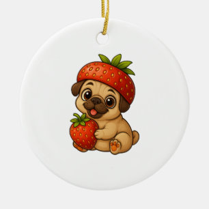 Ornamento De Cerâmica Cachorro pug fofo com morangos frutado desenho ani