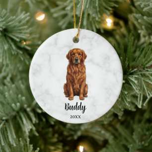 Ornamento De Cerâmica Cachorro Retriever Dourado Aquarela Nome Memorial 