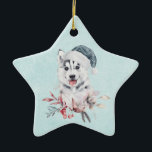 Ornamento De Cerâmica Cachorro Rouco de Natal num Chapéu Santa<br><div class="desc">Um ornamento com uma pintura de aquarela branca e fofa de um cão rouco vestindo um chapéu azul de Papai Noel.</div>