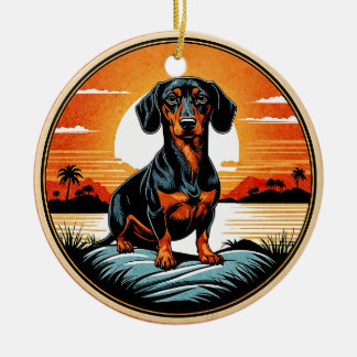 Ornamento De Cerâmica Cachorro Salsicha Retro Pôr do Sol Amante de Cacho
