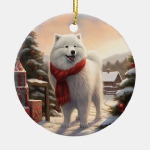 Ornamento De Cerâmica Cachorro Samoyed no Natal da Neve