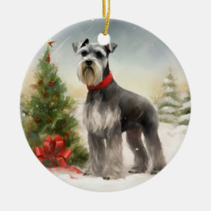 Ornamento De Cerâmica Cachorro Schnauzer na Neve Natal