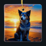 Ornamento De Cerâmica Cachorro sentado em Ocean Beach no Sunset<br><div class="desc">Um cão sentado numa praia na sunset ai art. Cachorro temeu Enfeites de natal personalizado.</div>