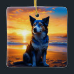 Ornamento De Cerâmica Cachorro sentado em Ocean Beach no Sunset<br><div class="desc">Um cão sentado numa praia na sunset ai art. Cachorro temeu Enfeites de natal personalizado.</div>