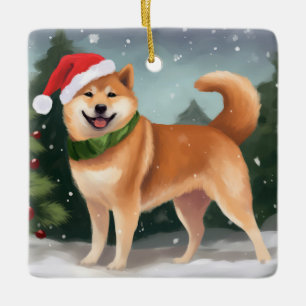 Ornamento De Cerâmica Cachorro Shiba Inu na Neve Natal