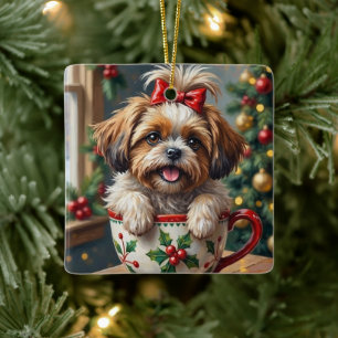 Ornamento De Cerâmica Cachorro Shih Tzu Adorável na Arte de Caneca de Na
