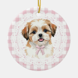 Ornamento De Cerâmica Cachorro Shih Tzu Coquette com Laços de Xadrez Ros