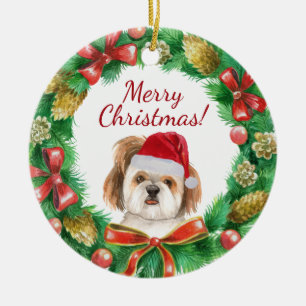 Ornamento De Cerâmica Cachorro Shihtzu Feliz natal