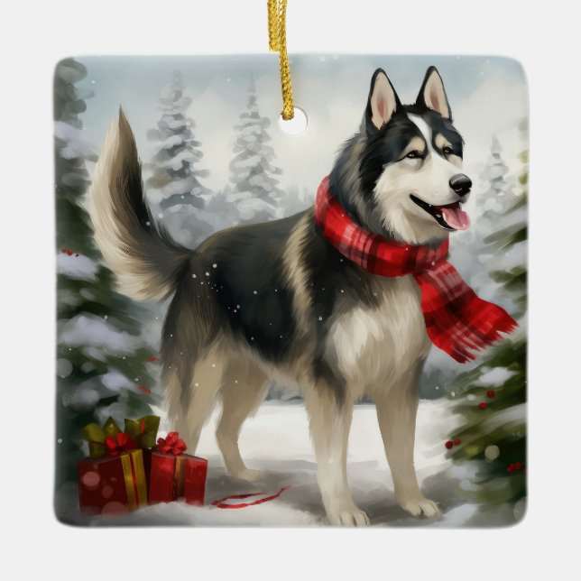 Ornamento De Cerâmica Cachorro Siberiano Husky no Natal da Neve (Frente)