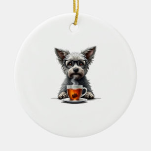 Ornamento De Cerâmica Cachorro Vintage Segurando Chá com Óculos Pet Retr