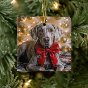 Ornamento De Cerâmica Cachorro Weimaraner de Natal Com Laço Vermelho