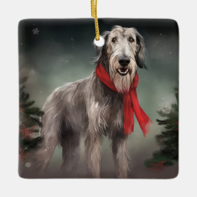 Ornamento De Cerâmica Cachorro Wolfhound no Natal da Neve (Frente)