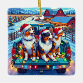 Ornamento De Cerâmica Cachorros Andando na Pickup no Natal da Fazenda