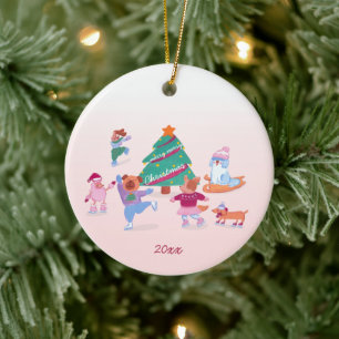 Ornamento De Cerâmica Cachorros Bonitos Ice Patinando Pão de Natal Rosa