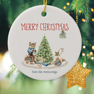 Ornamento De Cerâmica Cachorros Cadeias Aquarela Nostalgia Natal
