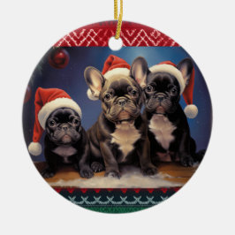 Ornamento De Cerâmica Cachorros de Bulldog Franceses no Natal