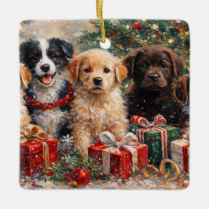 Ornamento De Cerâmica Cachorros de Natal com Presentes sob a Árvore Deco