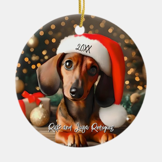 Ornamento De Cerâmica Cachshund Vermelho Bonito Puppy com Papai Noel (Frente)