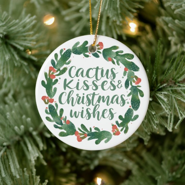 Ornamento De Cerâmica Cactus Kisses & Christmas Wishes – A Double-Sided  (Árvore)