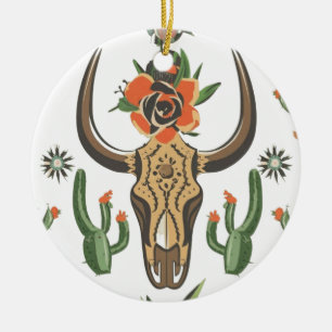 Ornamento De Cerâmica Cactus Western Country Aztec Bull Skull