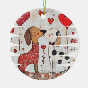 Ornamento De Cerâmica Cães Românticos com Balões de Coração