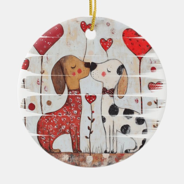Ornamento De Cerâmica Cães Românticos com Balões de Coração (Frente)