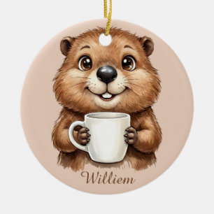 Ornamento De Cerâmica Café da Manhã Personalizado de Castor Aconchegante