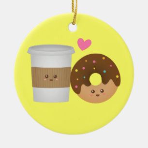 Ornamento De Cerâmica Café Fofo e Donut Apaixonados, Par Perfeito