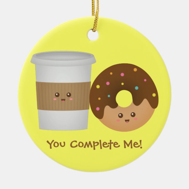Ornamento De Cerâmica Café Fofo e Donut Apaixonados, Par Perfeito (Frente)