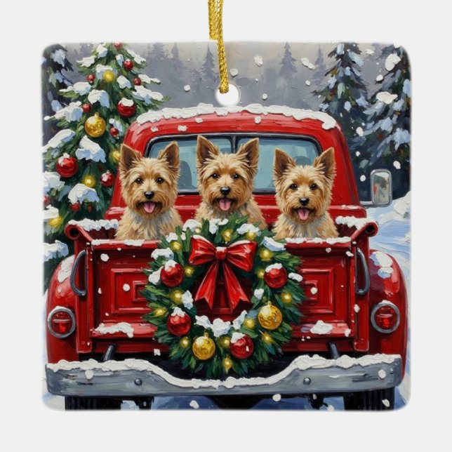 Ornamento De Cerâmica Cairn Terrier Christmas Red Truck Holiday (Frente)
