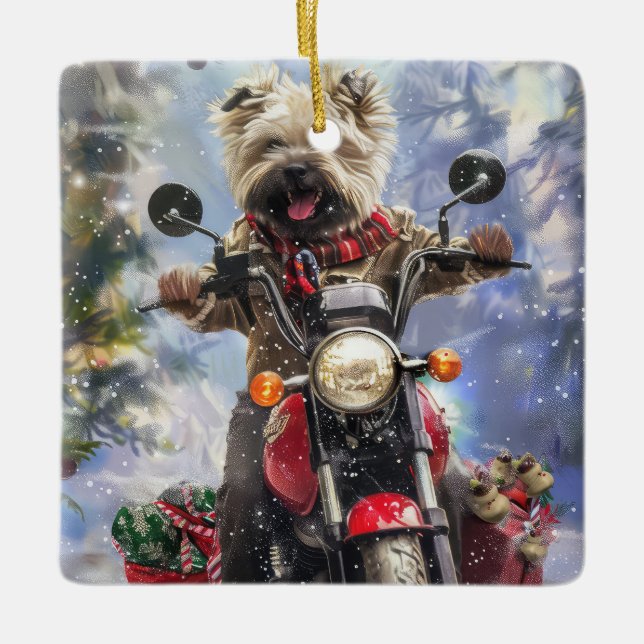 Ornamento De Cerâmica Cairn Terrier Dog Dirigindo motocicleta Natal (Frente)