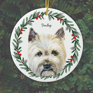 Ornamento De Cerâmica Cairn Terrier Dog Monograma Name Feriado Wreath