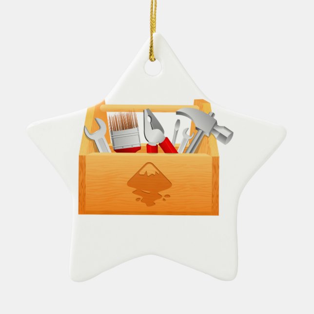 Ornamento De Cerâmica Caixa de ferramentas de madeira com ferramentas (Frente)