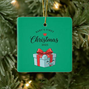 Ornamento De Cerâmica Caixa de Presente de Kawaii Cute Primeiro Natal