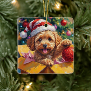 Ornamento De Cerâmica Caixa Surpresa de Natal com Cachorro Cockapoo Pres