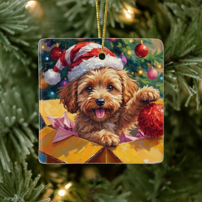 Ornamento De Cerâmica Caixa Surpresa de Natal com Cachorro Cockapoo Pres (Árvore)