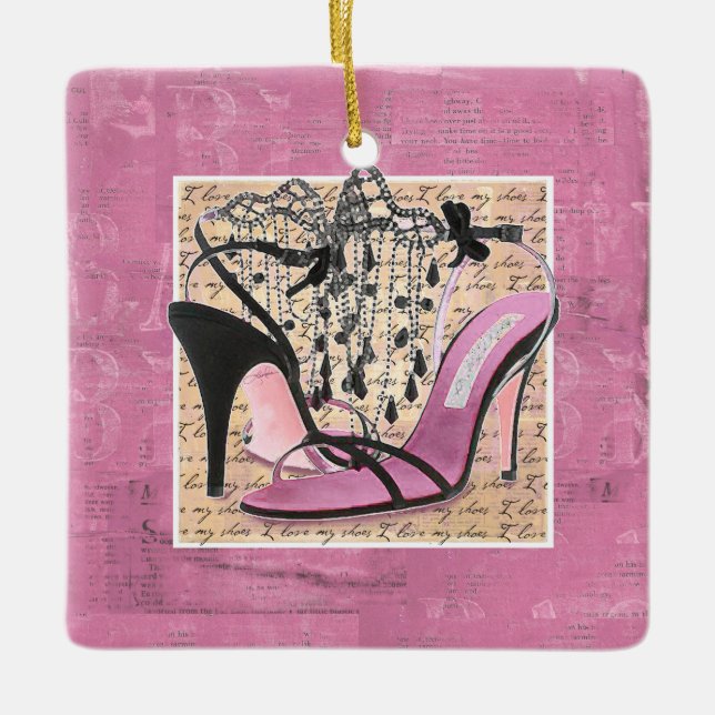 Ornamento De Cerâmica Calçado Elegante Eu Amo Meus Calçados (Frente)