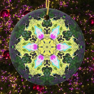 Ornamento De Cerâmica Caleidoscópio Psicodélico Flor Amarelo e Rosa