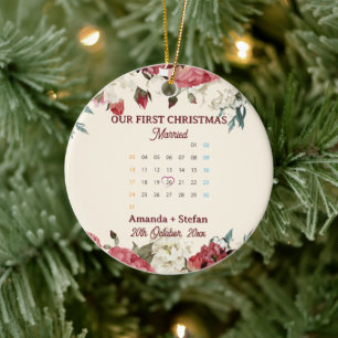 Ornamento De Cerâmica Calendário Floral Vermelho Nosso Primeiro Natal Ca